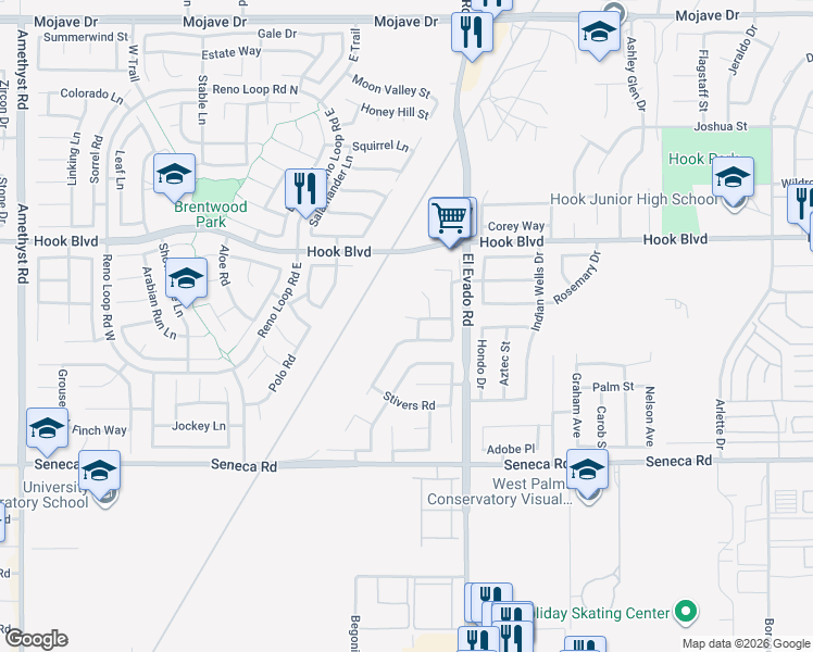 map of restaurants, bars, coffee shops, grocery stores, and more near 14391 Hidden Rock Road in Victorville
