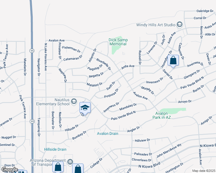 map of restaurants, bars, coffee shops, grocery stores, and more near 2375 Porpoise Drive in Lake Havasu City