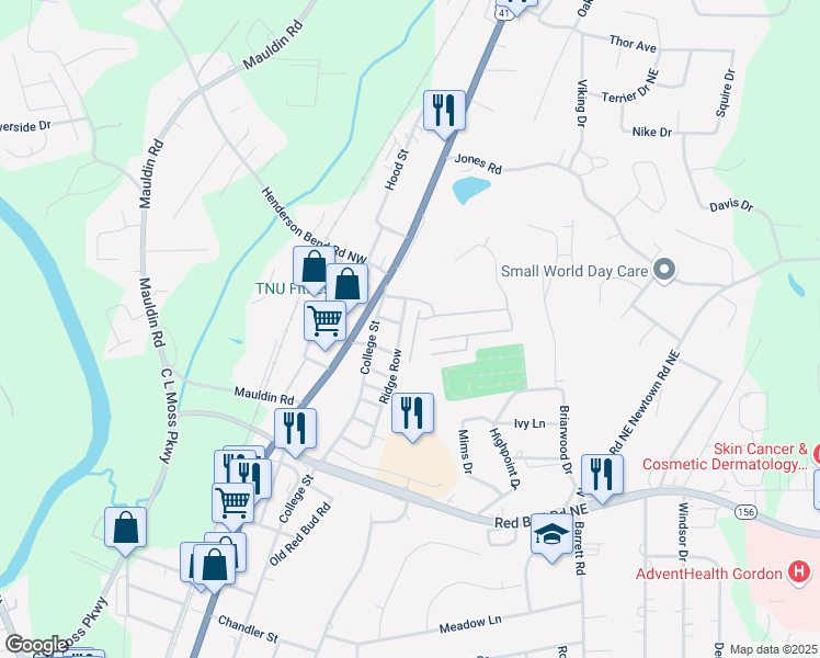 map of restaurants, bars, coffee shops, grocery stores, and more near 113 Mill Pond Lane in Calhoun