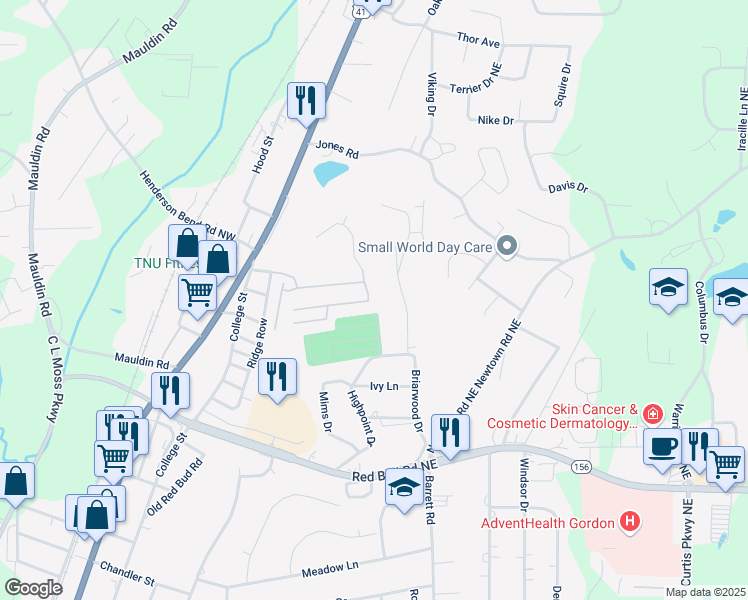 map of restaurants, bars, coffee shops, grocery stores, and more near 129 Millers Lane in Calhoun