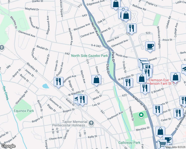 map of restaurants, bars, coffee shops, grocery stores, and more near 1806 Edgewood Avenue in Anderson