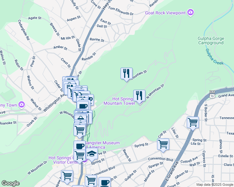 map of restaurants, bars, coffee shops, grocery stores, and more near 210 Fountain Street in Hot Springs