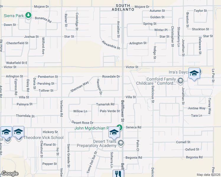 map of restaurants, bars, coffee shops, grocery stores, and more near 11224 Westbrook Drive in Adelanto