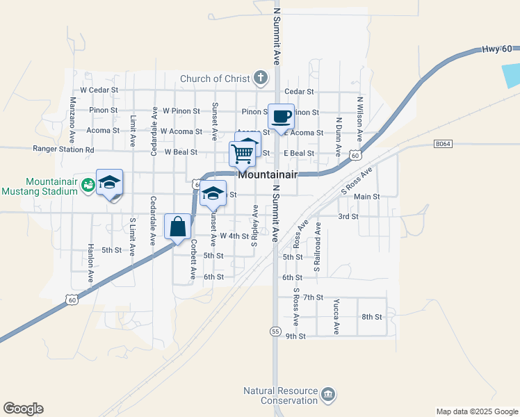 map of restaurants, bars, coffee shops, grocery stores, and more near 307 Ripley Avenue in Mountainair