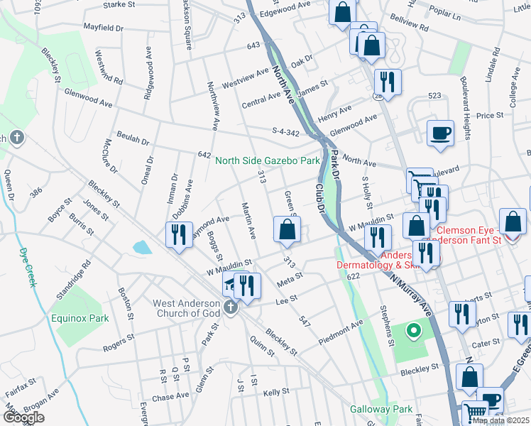 map of restaurants, bars, coffee shops, grocery stores, and more near 1720 Martin Avenue in Anderson