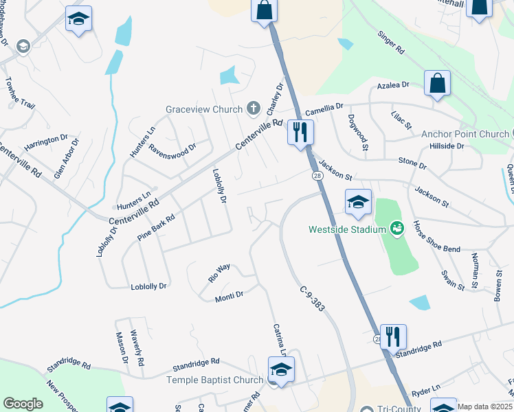 map of restaurants, bars, coffee shops, grocery stores, and more near 150 Continental Street in Anderson