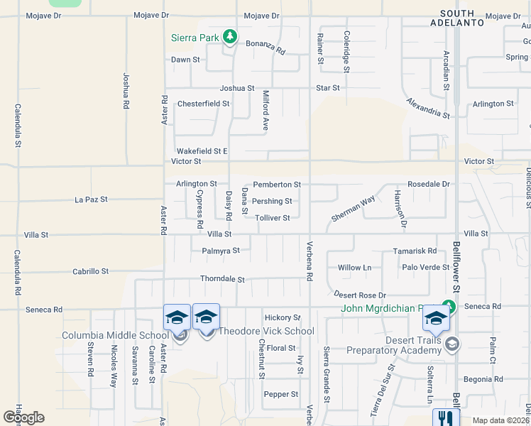 map of restaurants, bars, coffee shops, grocery stores, and more near 10776 Tolliver Street in Adelanto