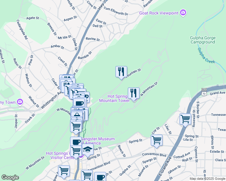 map of restaurants, bars, coffee shops, grocery stores, and more near 210 Fountain Street in Hot Springs