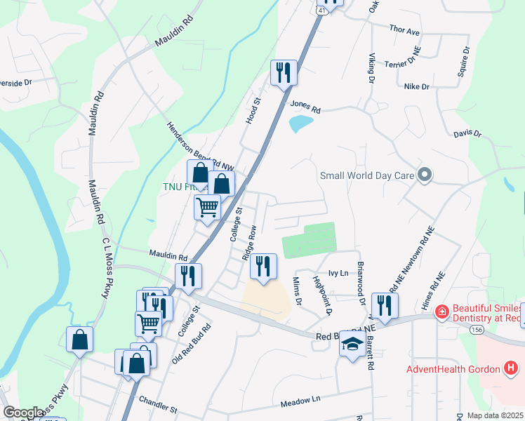 map of restaurants, bars, coffee shops, grocery stores, and more near 111 Mill Pond Lane in Calhoun