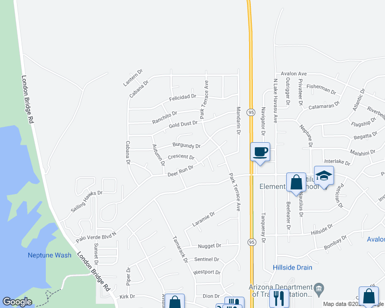 map of restaurants, bars, coffee shops, grocery stores, and more near 1981 Crescent Drive in Lake Havasu City