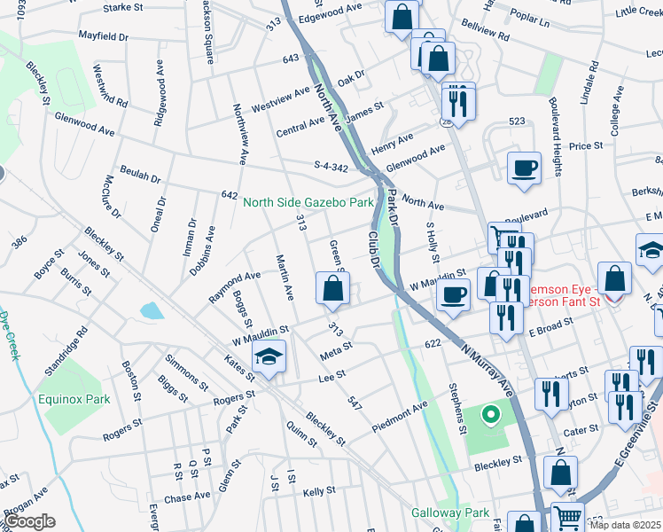 map of restaurants, bars, coffee shops, grocery stores, and more near 1710 Edgewood Avenue in Anderson