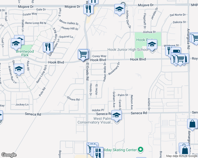 map of restaurants, bars, coffee shops, grocery stores, and more near 14580 Phoenix Street in Victorville