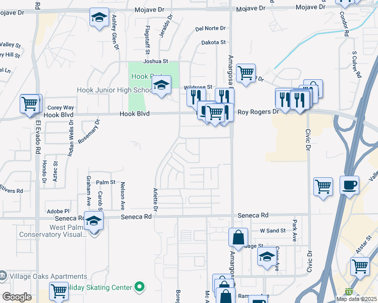 map of restaurants, bars, coffee shops, grocery stores, and more near Marshall Way in Victorville