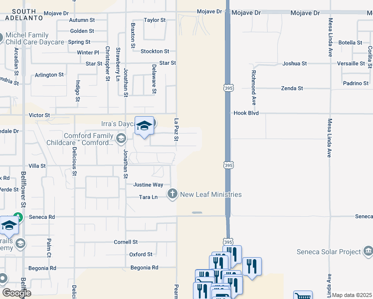 map of restaurants, bars, coffee shops, grocery stores, and more near 11933 Wallflower Court in Adelanto