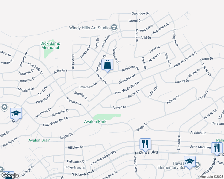 map of restaurants, bars, coffee shops, grocery stores, and more near 1440 Daniel Drive in Lake Havasu City