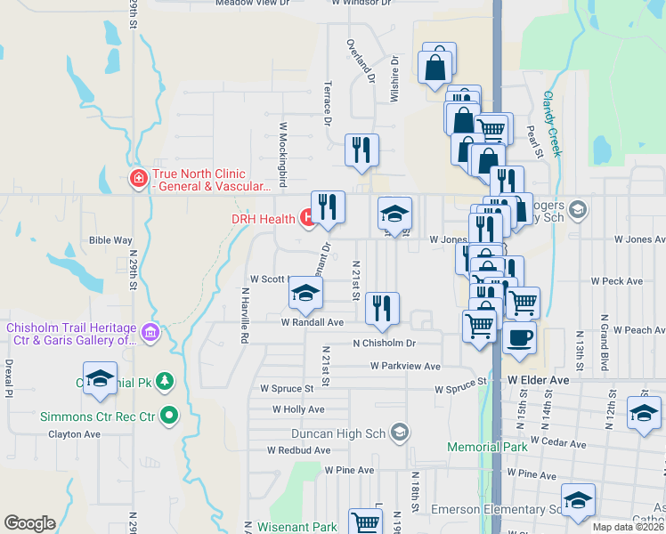 map of restaurants, bars, coffee shops, grocery stores, and more near 2115 Duncan Regional Loop in Duncan