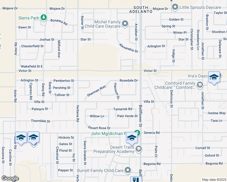 map of restaurants, bars, coffee shops, grocery stores, and more near 14774 Harrison Drive in Adelanto