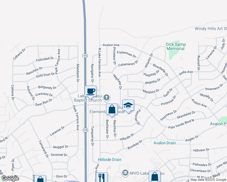 map of restaurants, bars, coffee shops, grocery stores, and more near 1569 Neptune Drive in Lake Havasu City