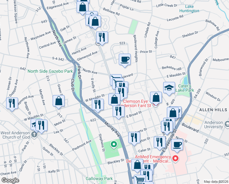 map of restaurants, bars, coffee shops, grocery stores, and more near 103 West Mauldin Street in Anderson