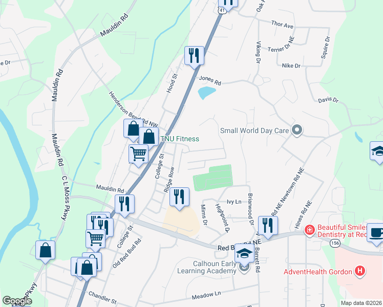map of restaurants, bars, coffee shops, grocery stores, and more near 105 Old Mill Drive in Calhoun