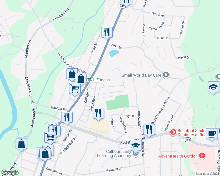 map of restaurants, bars, coffee shops, grocery stores, and more near 112 Old Mill Drive in Calhoun