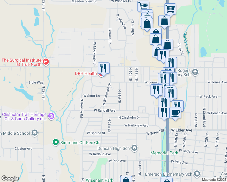 map of restaurants, bars, coffee shops, grocery stores, and more near 1313 North 21st Street in Duncan