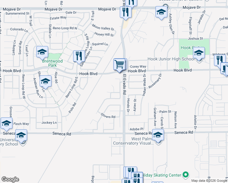map of restaurants, bars, coffee shops, grocery stores, and more near 14790 Hidden Rock Court in Victorville