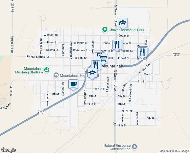 map of restaurants, bars, coffee shops, grocery stores, and more near 108 South Roosevelt Avenue in Mountainair