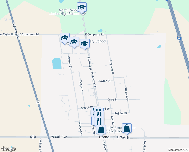 map of restaurants, bars, coffee shops, grocery stores, and more near 504 Sycamore Street in Como