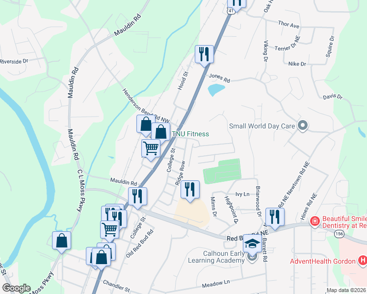 map of restaurants, bars, coffee shops, grocery stores, and more near 130 Echota 8th Street in Calhoun