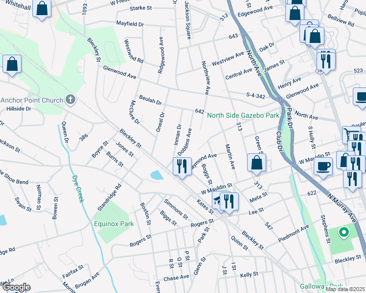 map of restaurants, bars, coffee shops, grocery stores, and more near 1905 Dobbins Avenue in Anderson