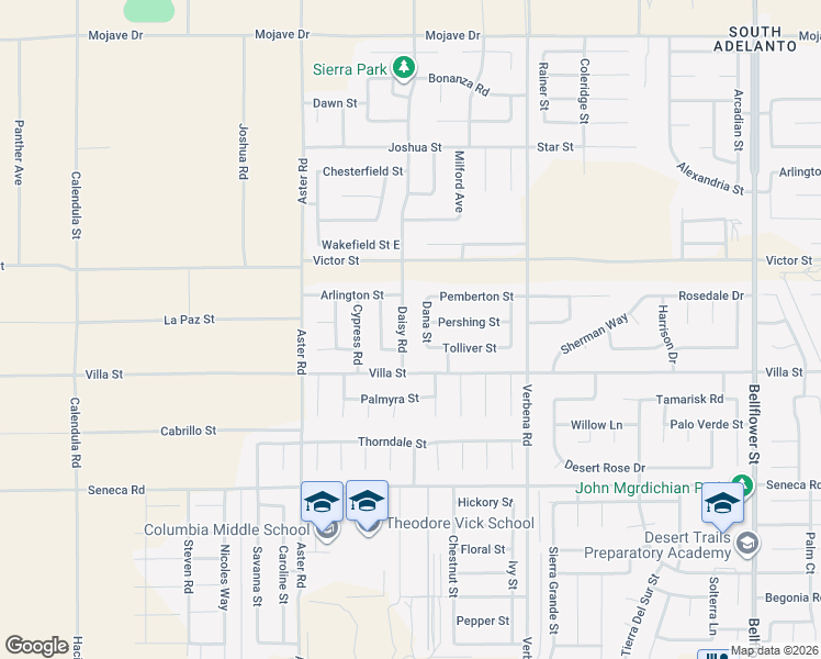 map of restaurants, bars, coffee shops, grocery stores, and more near 14777 Daisy Road in Adelanto