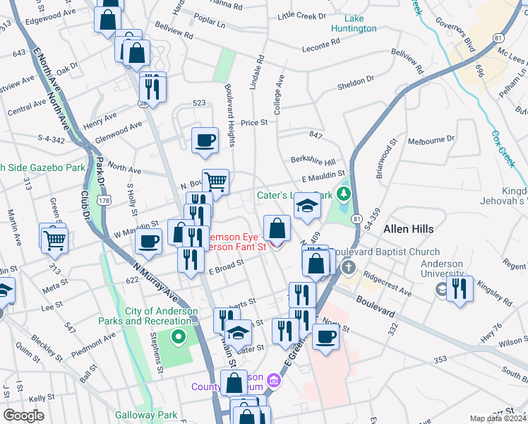 map of restaurants, bars, coffee shops, grocery stores, and more near 1512 North Fant Street in Anderson