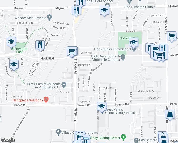 map of restaurants, bars, coffee shops, grocery stores, and more near 14605 Rosemary Drive in Victorville
