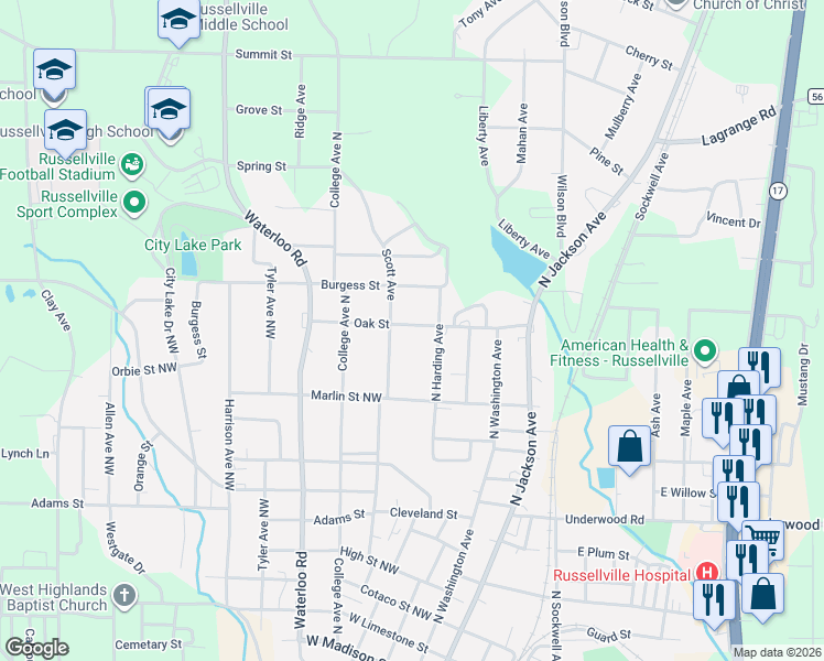 map of restaurants, bars, coffee shops, grocery stores, and more near 300-398 Oak Street in Russellville