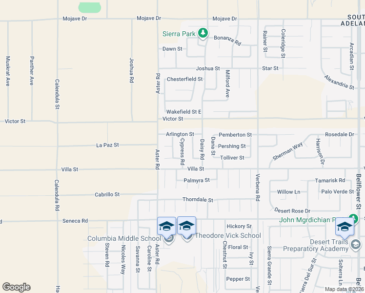 map of restaurants, bars, coffee shops, grocery stores, and more near Cypress Road in Adelanto