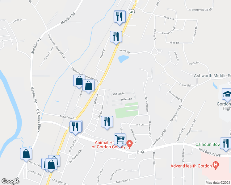 map of restaurants, bars, coffee shops, grocery stores, and more near 102 Old Mill Drive in Calhoun