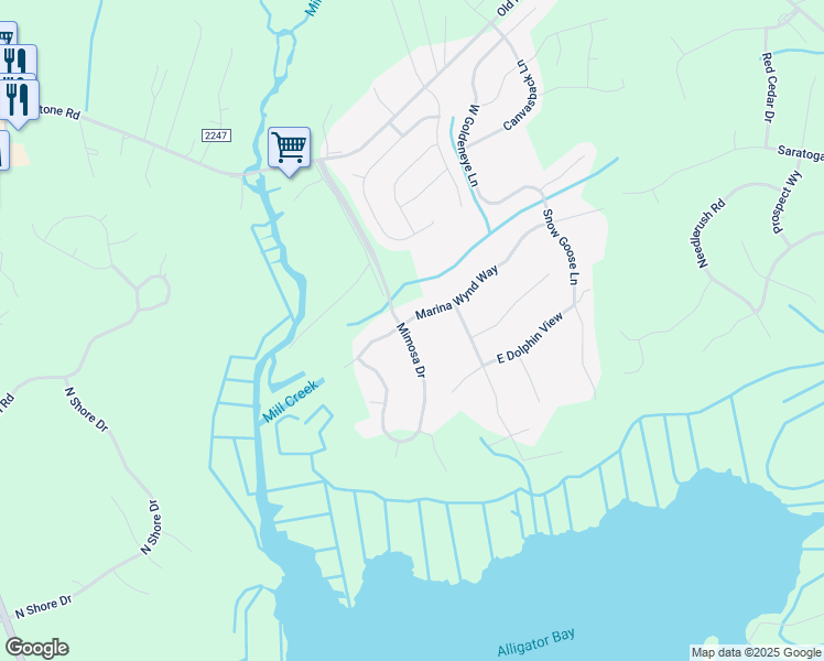 map of restaurants, bars, coffee shops, grocery stores, and more near Bay Drive in Sneads Ferry