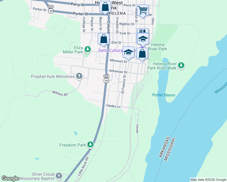 map of restaurants, bars, coffee shops, grocery stores, and more near O'Connor Street in Helena-West Helena