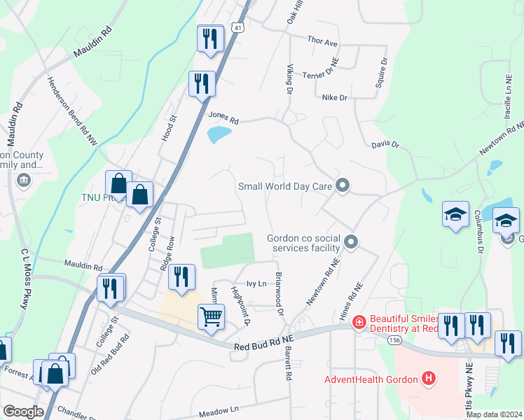 map of restaurants, bars, coffee shops, grocery stores, and more near 333 Mount Vernon Drive in Calhoun