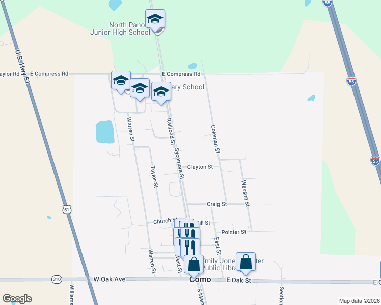 map of restaurants, bars, coffee shops, grocery stores, and more near 504 Sycamore Street in Como