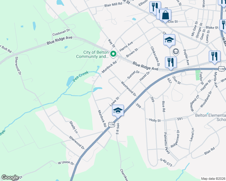 map of restaurants, bars, coffee shops, grocery stores, and more near 112 Hiawatha Drive in Belton