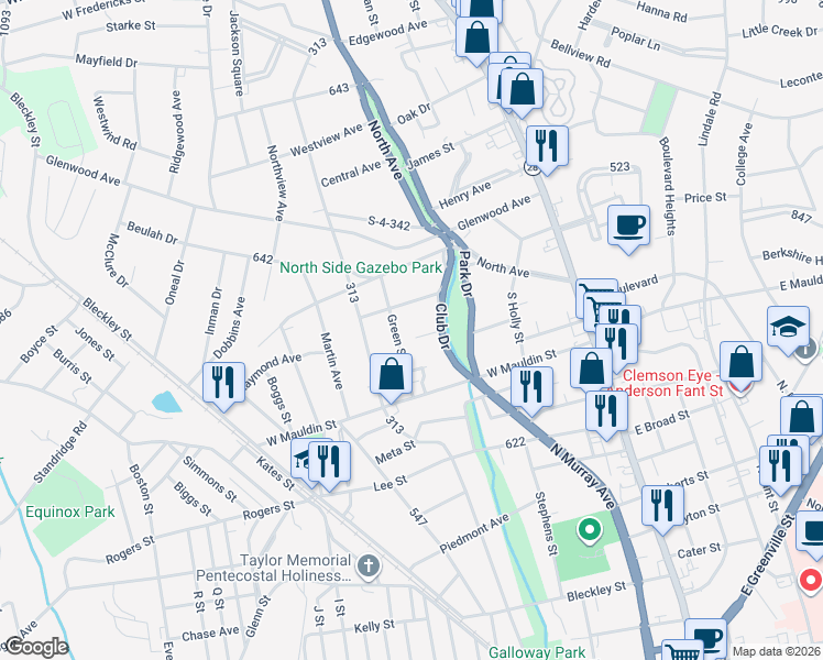 map of restaurants, bars, coffee shops, grocery stores, and more near 406 Pine Hill Lane in Anderson