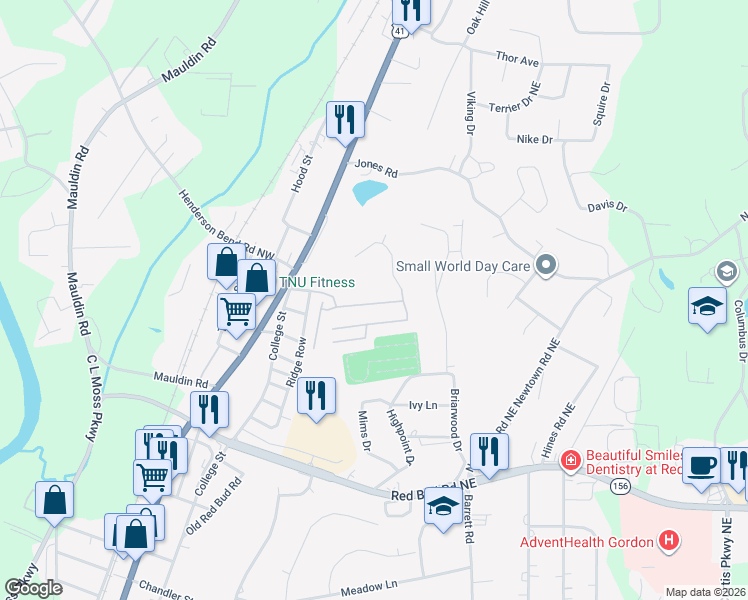 map of restaurants, bars, coffee shops, grocery stores, and more near 112 Old Mill Drive in Calhoun