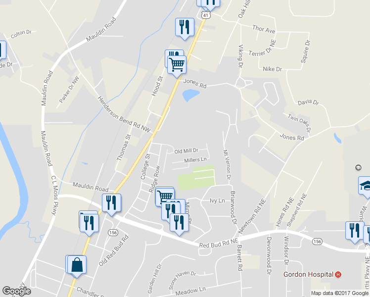 map of restaurants, bars, coffee shops, grocery stores, and more near 112 Old Mill Drive in Calhoun