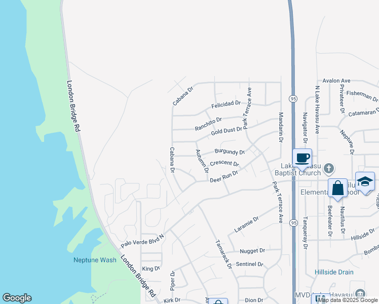 map of restaurants, bars, coffee shops, grocery stores, and more near 1881 Burgundy Drive in Lake Havasu City
