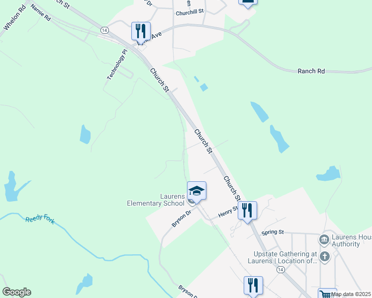 map of restaurants, bars, coffee shops, grocery stores, and more near 91 Fullbright Road in Laurens