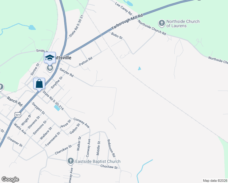 map of restaurants, bars, coffee shops, grocery stores, and more near 608 Setzler Road in Laurens