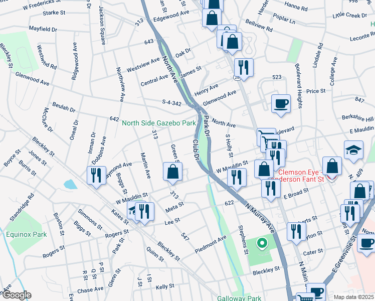 map of restaurants, bars, coffee shops, grocery stores, and more near 406 Pine Hill Lane in Anderson