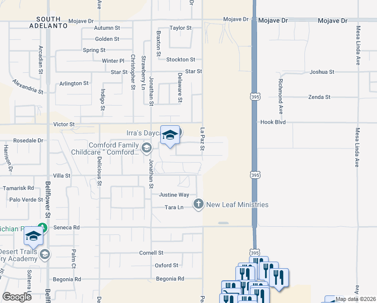 map of restaurants, bars, coffee shops, grocery stores, and more near 11840 Wallflower Court in Adelanto